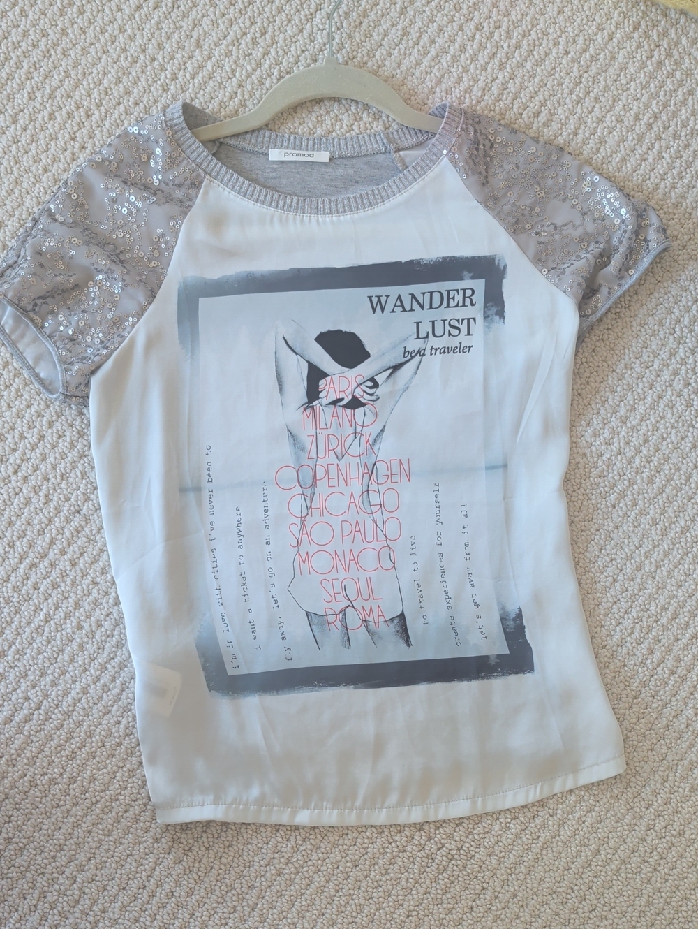 White Tee with Silver Sequin Sleeves and Pink Graphic